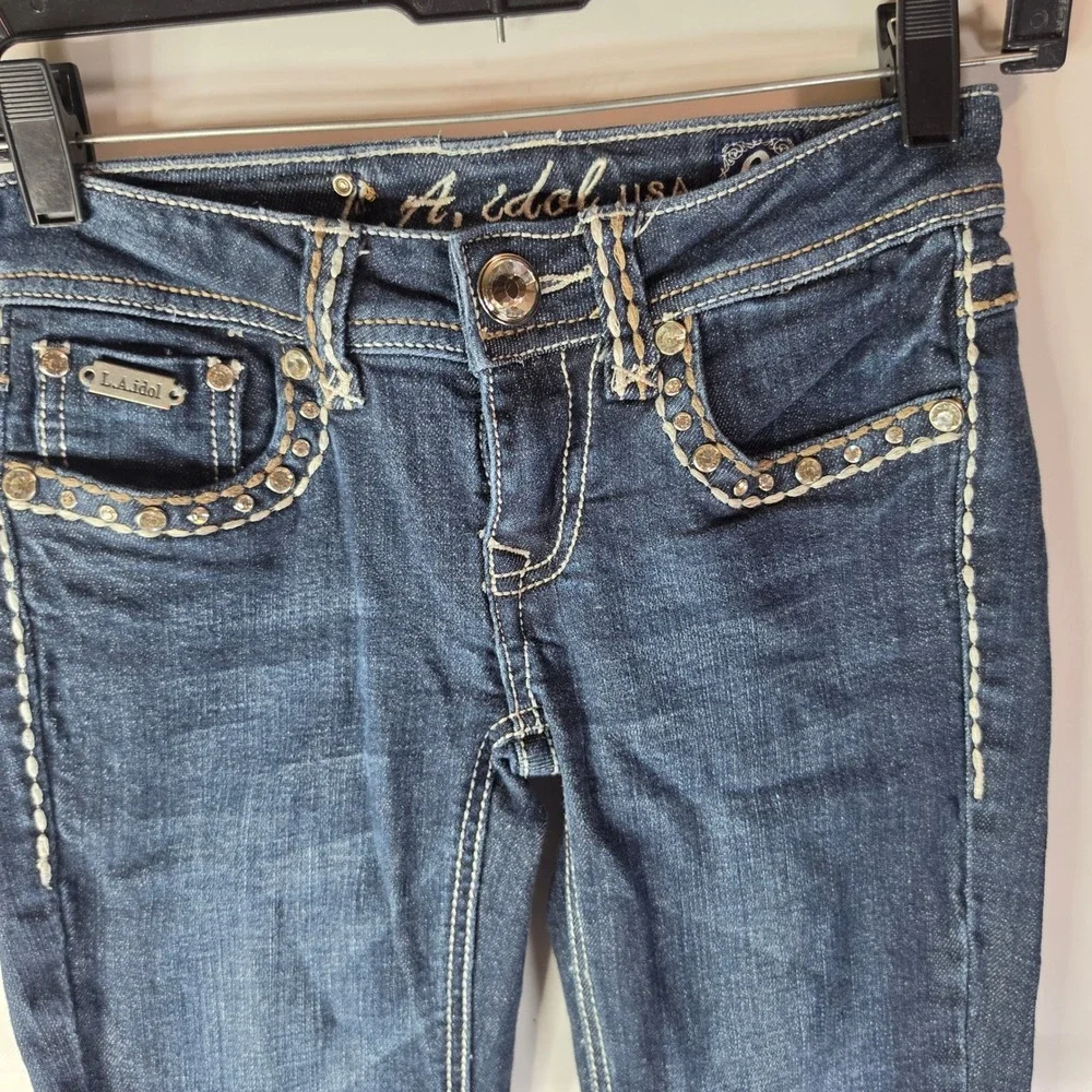 LA Idol USA Jeans Womens 0 W26 L31.5 Skinny Bling Rhinestone Thick Stitch Y2K